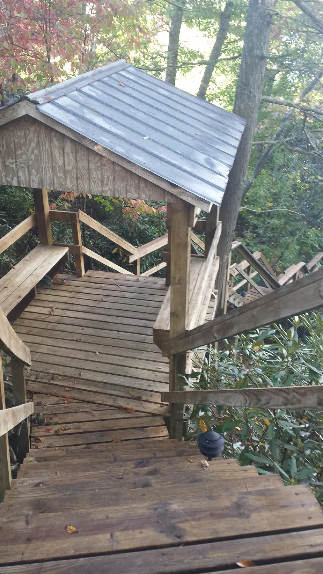 Metal roofed shelter over wooden steps on a wooded walkway — Skylight Repair & Installation work by our crew in Luthersburg